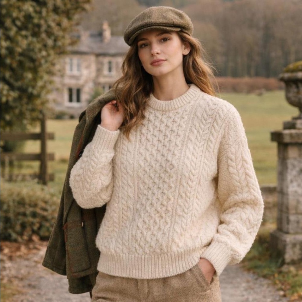 Crewneck Irish Cable Knit Sweater - Cream